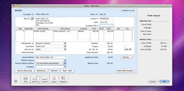 Profit analysis on invoice