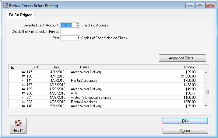 checks or use the Advanced Filters option to find and reprint a check