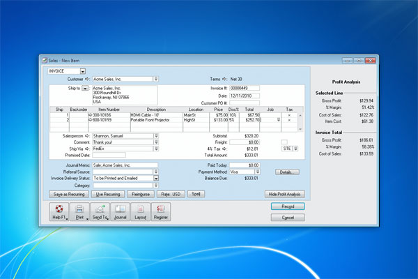 Profit analysis on an invoice