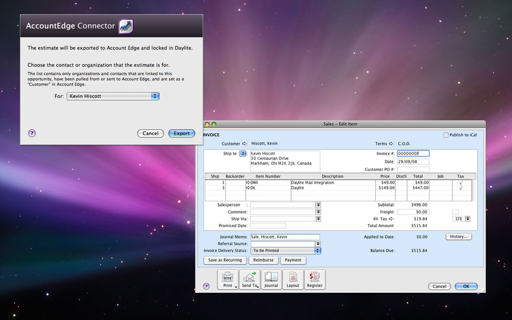 Daylite AccountEdge Connector export