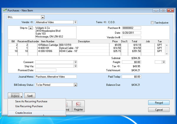 Create an invoice from a purchase in AccountEdge.